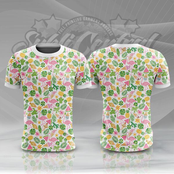 Green Summer with Pink Flamingo Full Print Roundneck Shirt Thumbnail