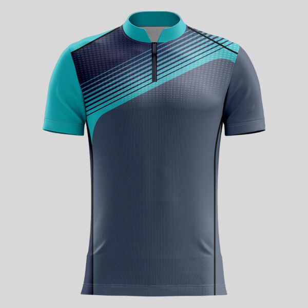 Blue Green Linear Pattern Full Print Chinese Collar Shirt Thumbnail