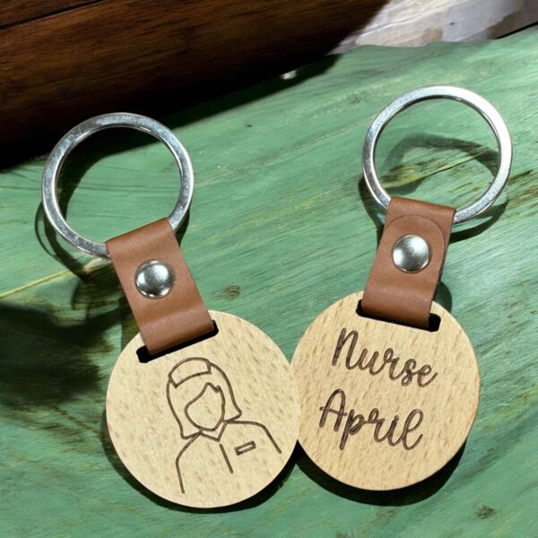 Engraving Round Wooden Keychain with Leather Thumbnail