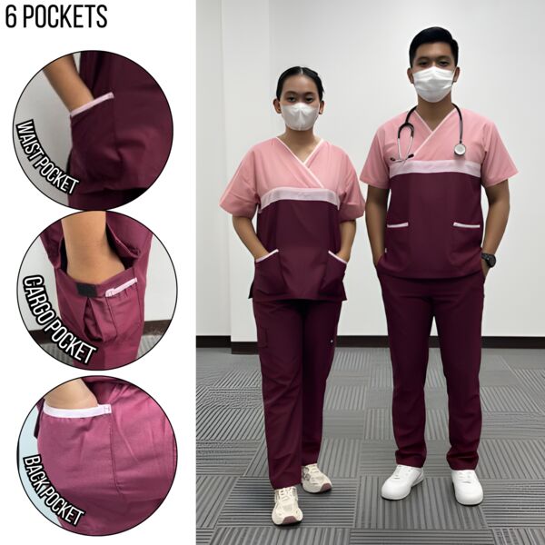 V-Neck Tricolor Overlap Scrub suit Set  6 Pockets Plain Pants Thumbnail